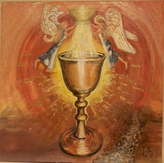 Jacsó Teodóra - Grál kehely angyalokkal - akril, vászon, 30 x 30 cm