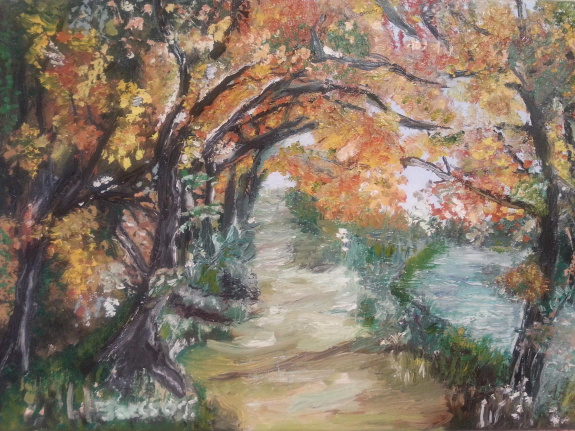 Jacsó Teodóra - Folyópart - olaj, vászon 20 x 30 cm