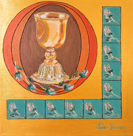 Jacsó Teodóra  - Szent Grál rózsák között - akril, vászon 30 x 30 cm